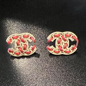 CHANEL Red and Gold Logo Earrings